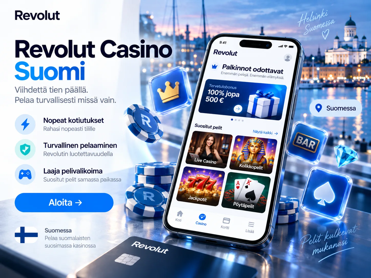 Revolut Casino Suomi -kuvitus: mobiilipelaaminen ja turvalliset maksut.