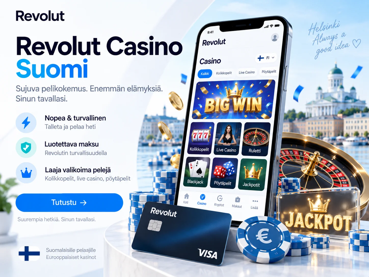 Revolut Casino Suomi -kuvitus: mobiilipeli, maksukortti ja Helsinki.